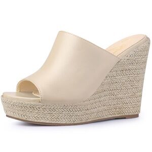 Open Toe Espadrille Wedge Heel Platform Slide Sandal Beige